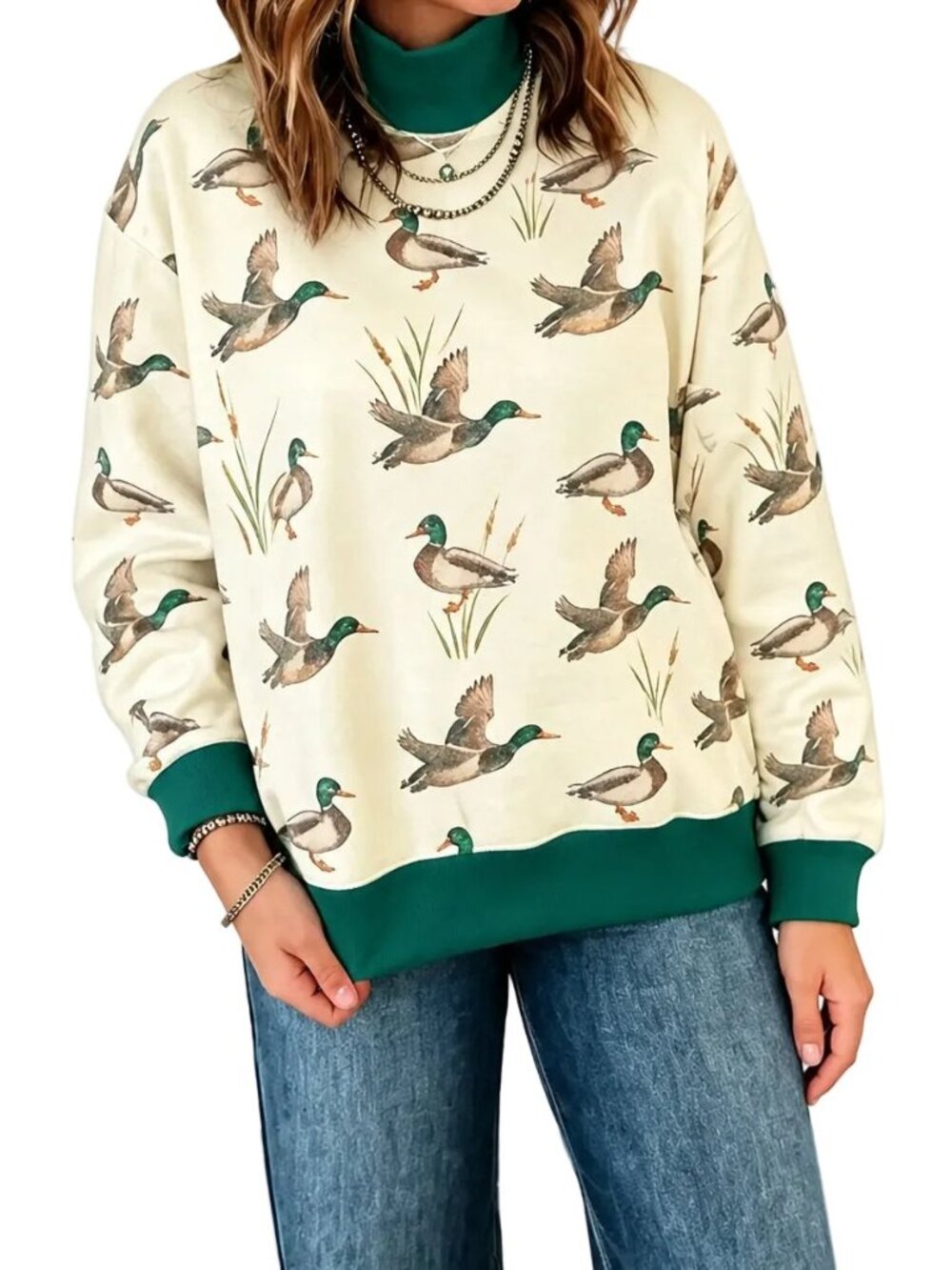 Mallard Duck Southern Contrasting Mock Neck County Western Pullover Sweatshirt - Picture 6 of 8